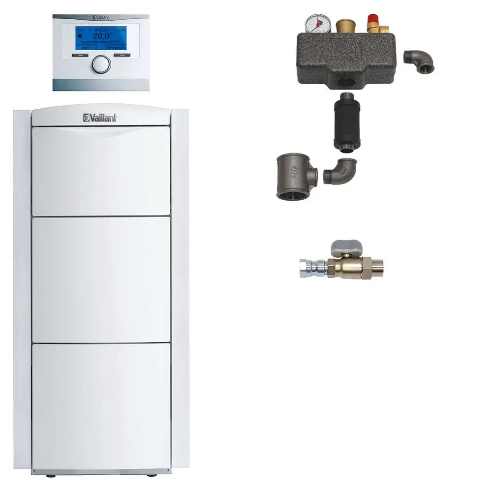 Vaillant Heizgerät im weißen Gehäuse, ausgestattet mit Steuergerät und Montagezubehör, darunter verschiedene Rohre und Anschlüsse zur Installation.